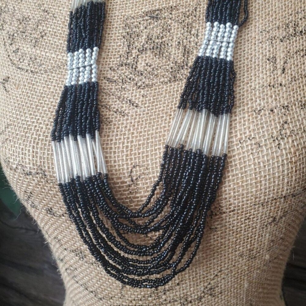 Black Silver Lucite Multi Strand Seed Beaded Necklace